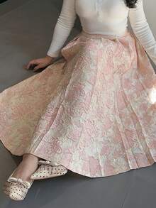 Dazy Plus Elastic Waist A-Line Loose Party Dress, Elegant Mid-Length Skirt, Pink, Spring/Summer