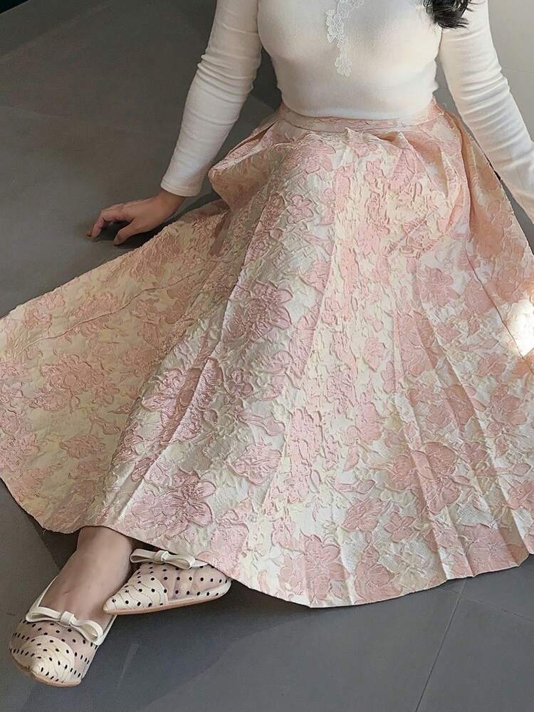 Dazy Plus Elastic Waist A-Line Loose Party Dress, Elegant Mid-Length Skirt, Pink, Spring/Summer