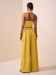 Zivah 2025 Spring/Summer New Music Festival, Easter, St. Patrick's Day, Western, Nomadic, Birthday Party, Graduation, College, Student, Casual, Daily, All-Match, Leisure, Vacation, Cruise, Beach, Sunbathing, Trending, Streetwear, Wedding Guest, Boho, Commute, Brunch, Airport Asymmetric Knot Design Pointed Collar Top In Brown Textured Fabric, Flared Collar Top And Wide Leg Pants Linen 2-Piece Set - Yellow - View 2