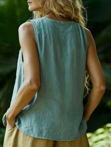 EMERY ROSE 女士休闲无袖上衣，带纽扣装饰和口袋，夏季 - 藍色 - 查看 2