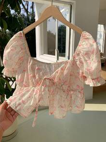 Comfortcana Tricou de vară pentru femei, cu mânecă scurtă, cu imprimeu floral și cravată în față, casual, țesut, pentru femei - Multicolor - Vizualizare 7