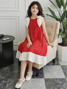 Đầm dự tiệc không tay màu đỏ phối bèo nhún, nơ và đính cườm, thanh lịch dành cho bé gái. - Nhiều màu - Xem 7