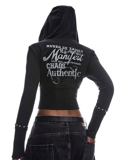 LYSMO 2026 New Arrive Minimalism Spring/Summer Women's Minimalist Print Hooded Long Sleeve Sweatshirt Metal Decoration Music Festival Letter Print  Y2k Clothes 2000s Style Y2K Tops Casual Blouses For Women Going Out Top Party Outfit  Carnival Clothes Carnival Women Look 2026  Valentines Day Outfit Spring Break Outfits