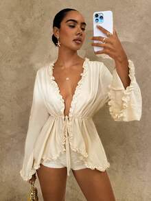 Glamine Ruffle Cinched Waist Loose Blouse For Women - Beige - View 4