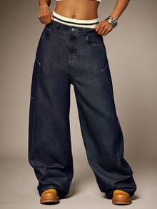 Denimoi 弹性饰边平角内裤，宽松牛仔裤，时尚街头风，90年代复古风 - 深色水洗藍 - 查看 5