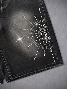 Manfinity Denimwave 时尚宽松水钻装饰夏季牛仔短裤 - 黑色 - 查看 4
