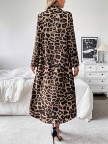 Breezaya 翻领长袖豹纹开襟长款衬衫裙女装