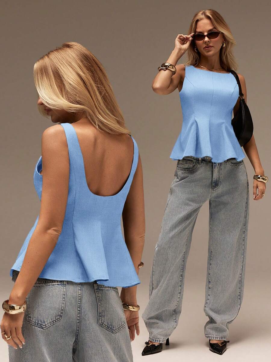 SHEIN Forever 21 Spring & Summer Women Romantic/Prom/Formal/Birthday/90s /Business Casual Woman/Elegant/Western Wear/Going Out/Fashion/Casual/Y2k /Club/Office /Cocktail/Vintage/Bodycon/Raves Festival/Funny/Classy/Old Money/Streetwear/Vacations/Country Concert/Work /Modest/Spring Break/Bachelorettes/Concert/Baddie/Basic/Graduation/A Line/Sleeveless Top - Blue - View 1