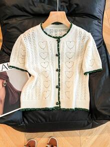 Franclia 休闲宽松圆领短袖针织心形镂空撞色滚边米色女式毛衣上衣，春夏款 - 米色 - 查看 6