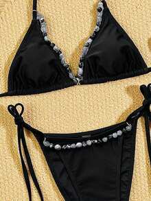 Swim SXY Conjunto de bikini sexy para mujer con escote halter, atado lateral, recortes, decoración de cadena con cuentas y espalda descubierta - Negro - Ver 2
