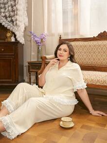 Côtesoire Plus Size Elegant Lace Contrast Color Cardigan Pajama Set - Apricot - View 6
