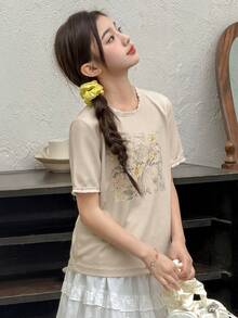 Áo thun ngắn tay cổ tròn in họa tiết dành cho bé gái tuổi teen, chất liệu dệt kim, thích hợp mặc mùa thu xuân. - Màu Khaki - Xem 4