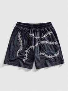 ROMWE MEN Goth Men's Centipede Embroidery Drawstring Waist Pocket Casual Shorts - Black - View 1