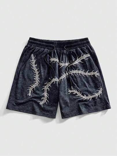 ROMWE MEN Men's Centipede Embroidery Drawstring Waist Pocket Casual Shorts