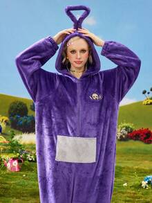 Teletubbies X ROMWE Women's Cartoon Embroidered Zip Front 3D Hooded Plush Fabric Cute Pajama Romper - Purple - View 6