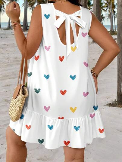 Veykashi Plus Size Women's Colorful Heart Print Sleeveless Dress, Suitable For Vacation And Valentine's Day