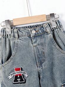 Young BoyCasual Loose Fit Straight Leg Contrast Stitching Cargo Jeans - Medium Wash - View 5