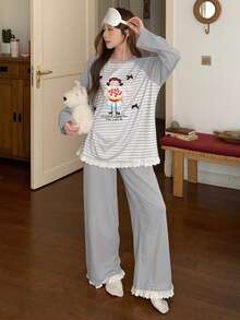 DAZY 2pcs Women Cartoon Girl Striped Splice Raglan Sleeve Lace Ruffle Trim Loose Long Sleeve T-Shirt And Pants Pajama Set - Blue - View 5