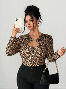 Elenzga Áo thun in họa tiết da báo, kiểu dáng thời trang, giản dị, cổ điển, thanh lịch, thích hợp đi làm, cổ khoét, đính nhẫn vàng. - màu nâu - Xem 8