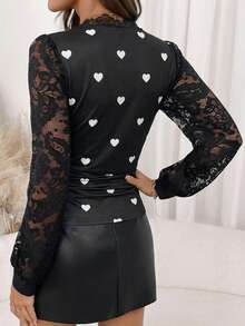 SHEIN Clasi Women's V-Neck Long Sleeve Black Lace Trim Fitted Pleated Elastic Elegant Casual Commute T-Shirt, Autumn/Winter - Black - View 2