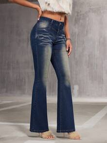 SHEIN BAE Jeans Acampanados Con Efecto Lavado - Azul - Ver 4