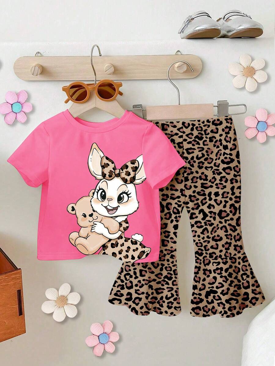 一套女婴可爱兔耳豹纹圆领短袖T恤和针织打底裤可爱套装，豹纹T恤套装，卡通兔子印花服装 - 彩色 - 查看 1