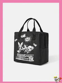 THE POWERPUFF GIRLS X SHEIN Túi đựng cơm trưa phối màu bằng chất liệu nhung kẻ, kiểu dáng preppy, phù hợp cho nhân viên văn phòng và học sinh. - màu đen - Xem 2