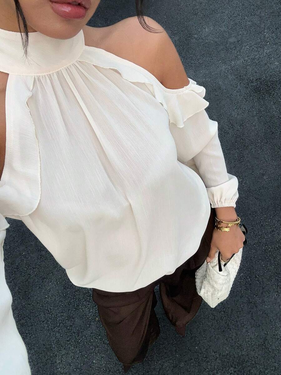 Siren Gaze Women's Elegant New Ruffle Off-Shoulder Chiffon Blouse, Autumn - Apricot - View 1