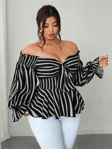 SHEIN CURVE+ Áo kiểu dáng rộng rãi, tay dài, hở vai, đa năng. - màu đen - Xem 6