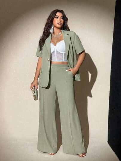 Viva Relle Plus Size Women's Elegant Fitted Business Casual Suit Set - Thin Blazer Jacket And Wide Leg Pants, New Style For Summer