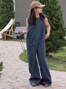 Dazy Kids Tween Girls' Round Neck Single-Breasted Multi-Pocket Casual Wide Leg Denim Jumpsuit - Dark Wash - View 3