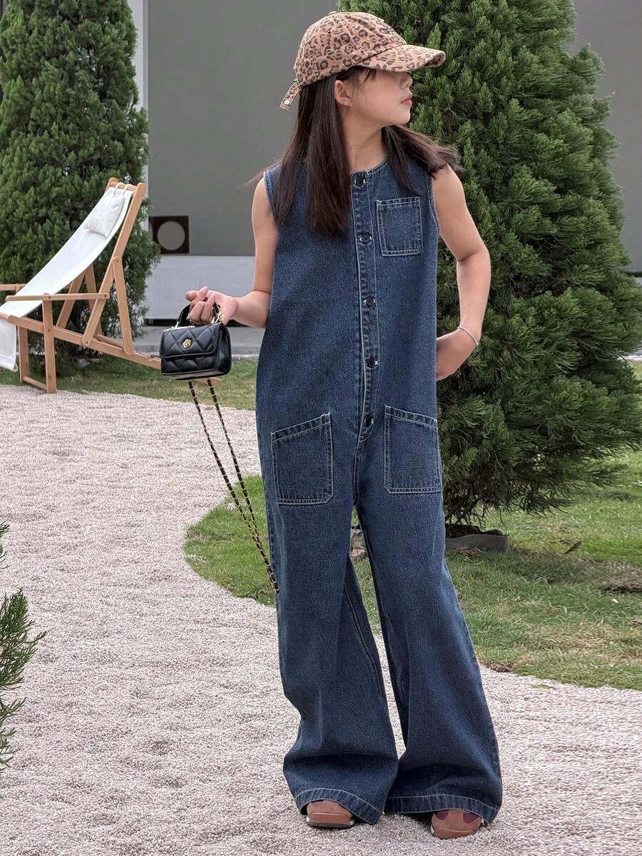 Dazy Kids Tween Girls' Round Neck Single-Breasted Multi-Pocket Casual Wide Leg Denim Jumpsuit - Dark Wash - View 1