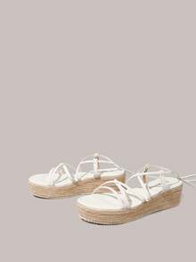 Sandálias de plataforma cunha casuais tecidas de cor sólida para mulher Styleloop, estilo boémio de férias vintage em lona com tiras, sandálias romanas, estilo ocidental, roupa para festival de música e festa, sapatos de primavera e verão, Spring Break, Páscoa - Branco - Ver 3