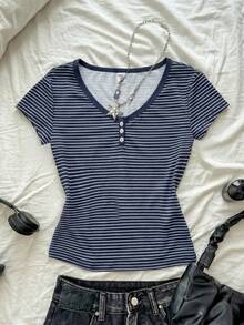 Teen Girl Striped Collar Contrast Button Front Short Sleeve Casual T-Shirt