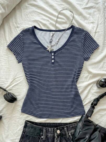 Teen Girl Striped Collar Contrast Button Front Short Sleeve Casual T-Shirt