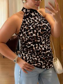 Vionelle 大码女士优雅无袖豹纹吊带背心 - 杏色 - 查看 4