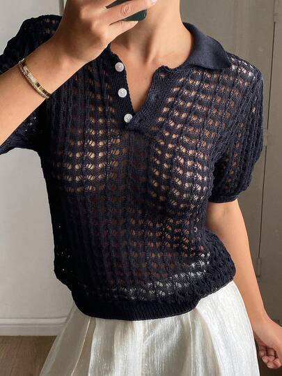 DAZY Women's Solid Color Fitted Hollow Out Polo Collar Short Sleeve Elegant Formal Knit Top, Spring/Autumn
