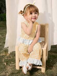 Cozy Pixies Baby Girl Colorblock Floral Trim Sleeveless Cardigan Top And Elastic Waist Pants 2 Pieces Set,Kids - Yellow - View 5