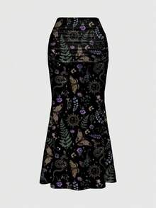 ROMWE Goth 哥特式神秘蛇、蝴蝶、飞蛾、树叶印花褶皱紧身美人鱼裙 - 黑色 - 查看 2