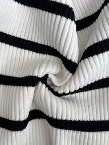 Louniche 时尚休闲荷叶边U领修身条纹设计女式毛衣 - 黑與白 - 查看 7