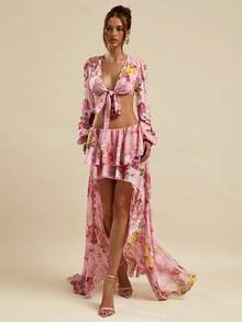 SHEIN BAE Chân váy maxi chiffon trơn và in hoa, vạt bất đối xứng, cạp thấp, thích hợp cho nữ đi biển, kiểu dáng dễ thương ngọt ngào lãng mạn phong cách Y2K, thích hợp cho mùa xuân/hè. - Hồng - Xem 5