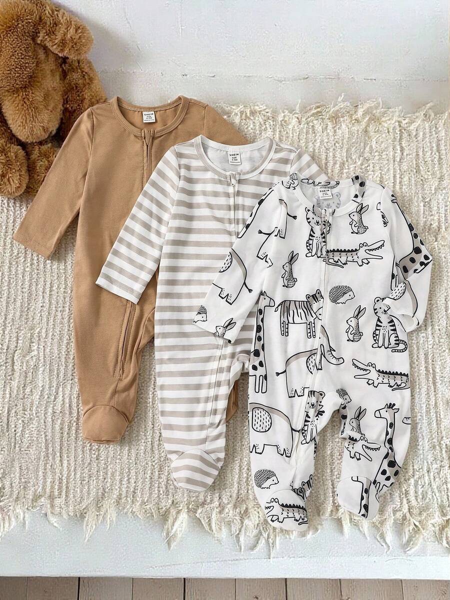 SHEIN 3pcs Newborn Baby Unisex Cute Cartoon Print Long Sleeve Footed Romper Pajama Set