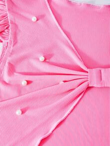 SHEIN Explorewe Streecool 女童两件套：休闲罗纹短款无袖毛衣 + 印花蝴蝶结简约编织连衣裙（含腰带），适合春夏日常休闲穿着 - 粉色 - 查看 8