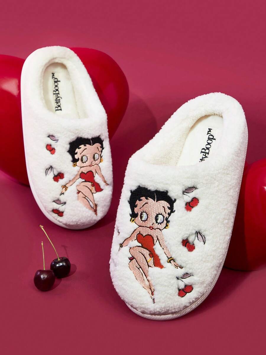 Betty Boop x SHEIN 女款卡通肖像刺繡居家拖鞋,秋冬聖誕禮物創意,派對、節日、情人節禮物 - 白色 - 查看 1