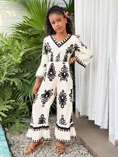 Sparklyn Girls' Vintage Style Black And White Pattern Jumpsuit With Gathered Waist, Flared Sleeves, Casual Daily Wear, Spring And Autumn, V-Neck Jumpsuit