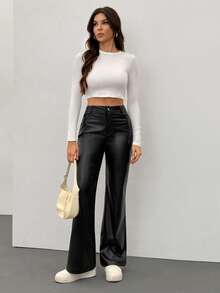 SHEIN Tall Women Solid Zipper Fly PU Flare Leg Pants - Black - View 6