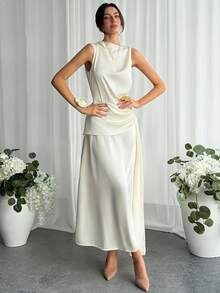 Aloruh Đầm dự tiệc bằng vải satin màu mơ, kiểu quấn, thắt eo, xếp ly vai dành cho nữ. - Màu be - Xem 6