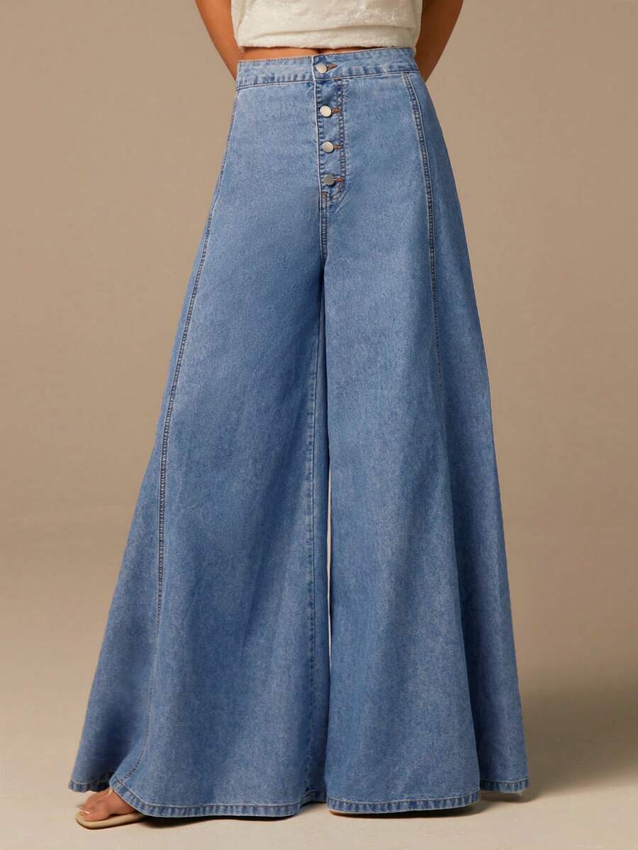 COSMINA Women's Casual Wide Leg Straight Jeans, Elegant Denim Pants, Blue Ladies Jeans, Single-Breasted Button Design, Relaxed Fit Denim Trousers, Fashionable Outfit, Suitable For Street Photography - Blue - View 1
