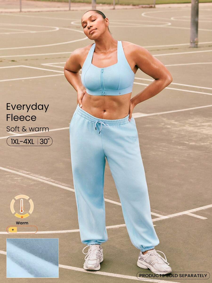 GLOWMODE 加大码 30 英寸日常舒适抓绒裤，柔软保暖，侧边口袋，可调节抽绳腰带，宽松版型，弹性裤脚，休闲运动裤 - 淺藍色 - 查看 1
