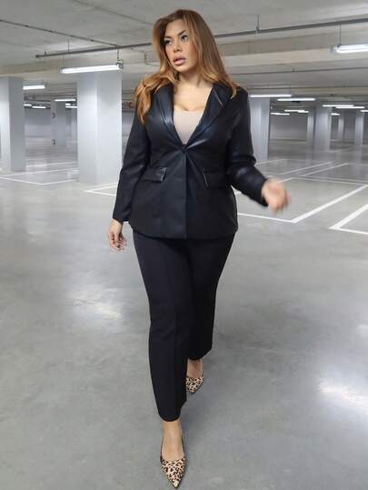 MelDlgn Plus Size Women Solid Color Lapel NeckLong Sleeve Single-Breasted PU Leather Fashion Blazer In Fall/Winter